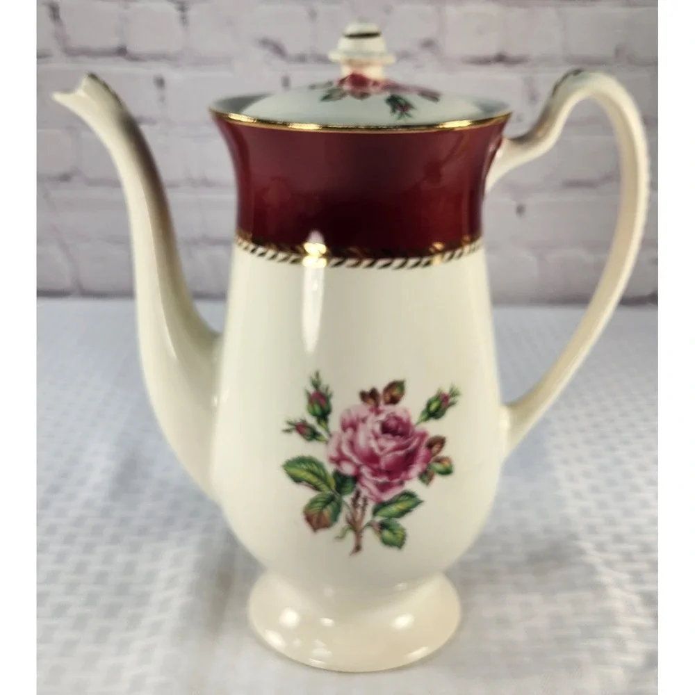 RARE Vintage Stetson 22kt Gold Lady Marlow Rose Burgundy Teapot Beautiful!